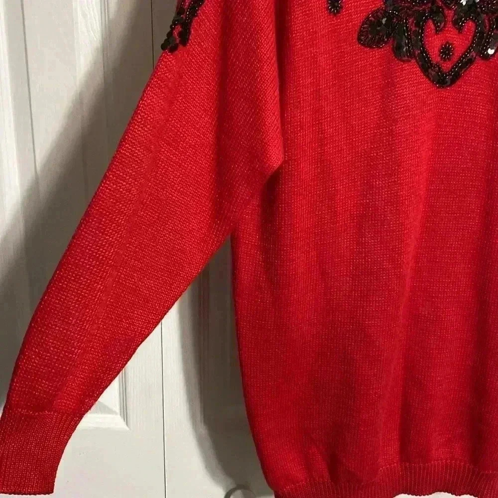 Dana Scott vintage 80’s embellished red & black sequin knit sweater size MEDIUM - Picture 4 of 12